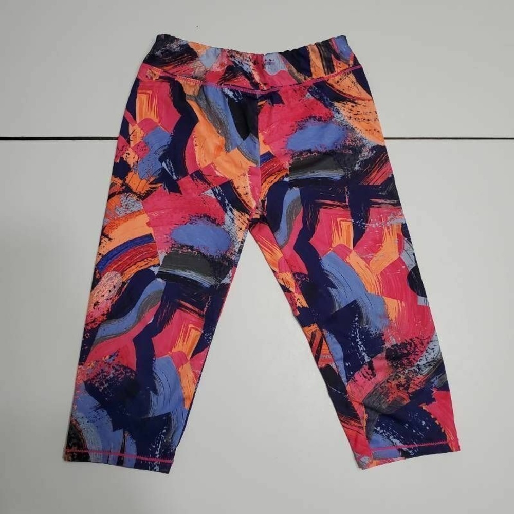 Adidas Girls Capri Leggings Blue Pink Brushstroke Stretch Elastic Waist 5